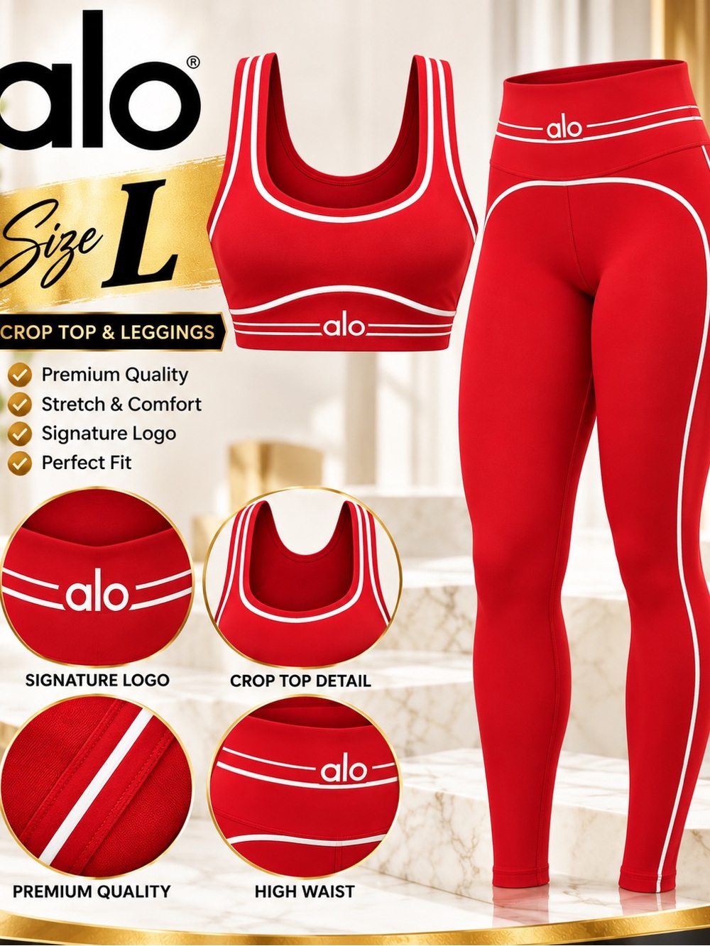 ALO Yoga Red High-Waist Leggings and Matching Crop Top Set